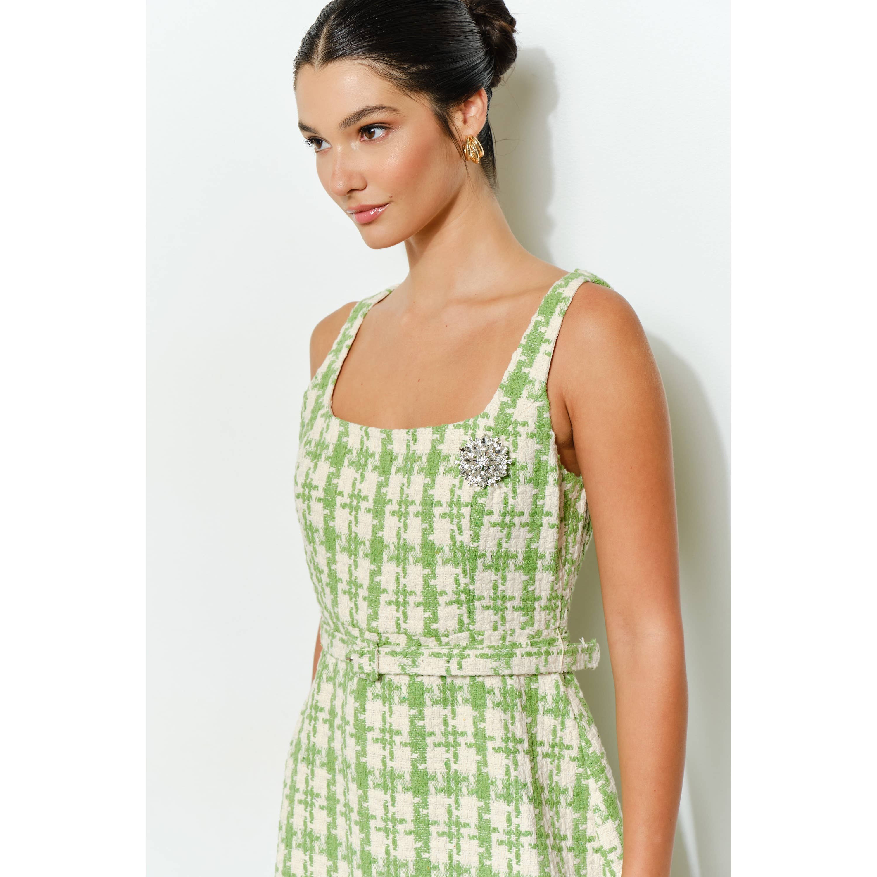 INA - Wholesale Dress - Women's - Check Tweed Brooch Detail Belted Mini Dress23