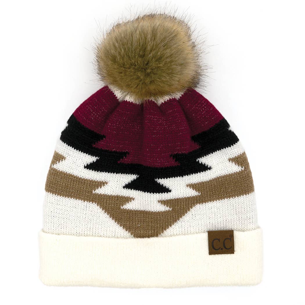 Fashion City - Wholesale Beanie - Women's - Aztec Pattern Beanie with Natural Pom-Pom1