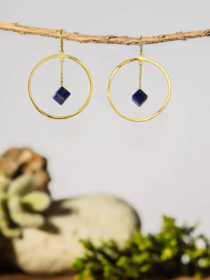 .925 Silver hoop with Lapis Lazuli Cubes - OH Lapis! Yellow for wholesale by Eleganz Jewelry, LLC