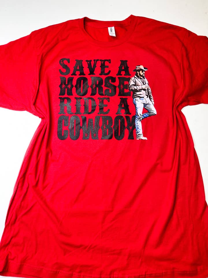 Save a Horse, Ride a Cowboy Yellowstone graphic tee for wholesale by Wild Stella Wholesale