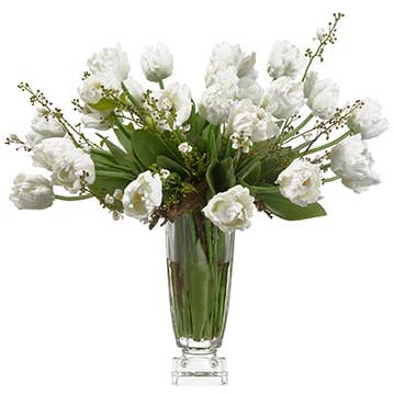 28"H x 30"W x 30.5"L Parrot Tulips in Glass Vase Green White for wholesale by Silk Flower Depot