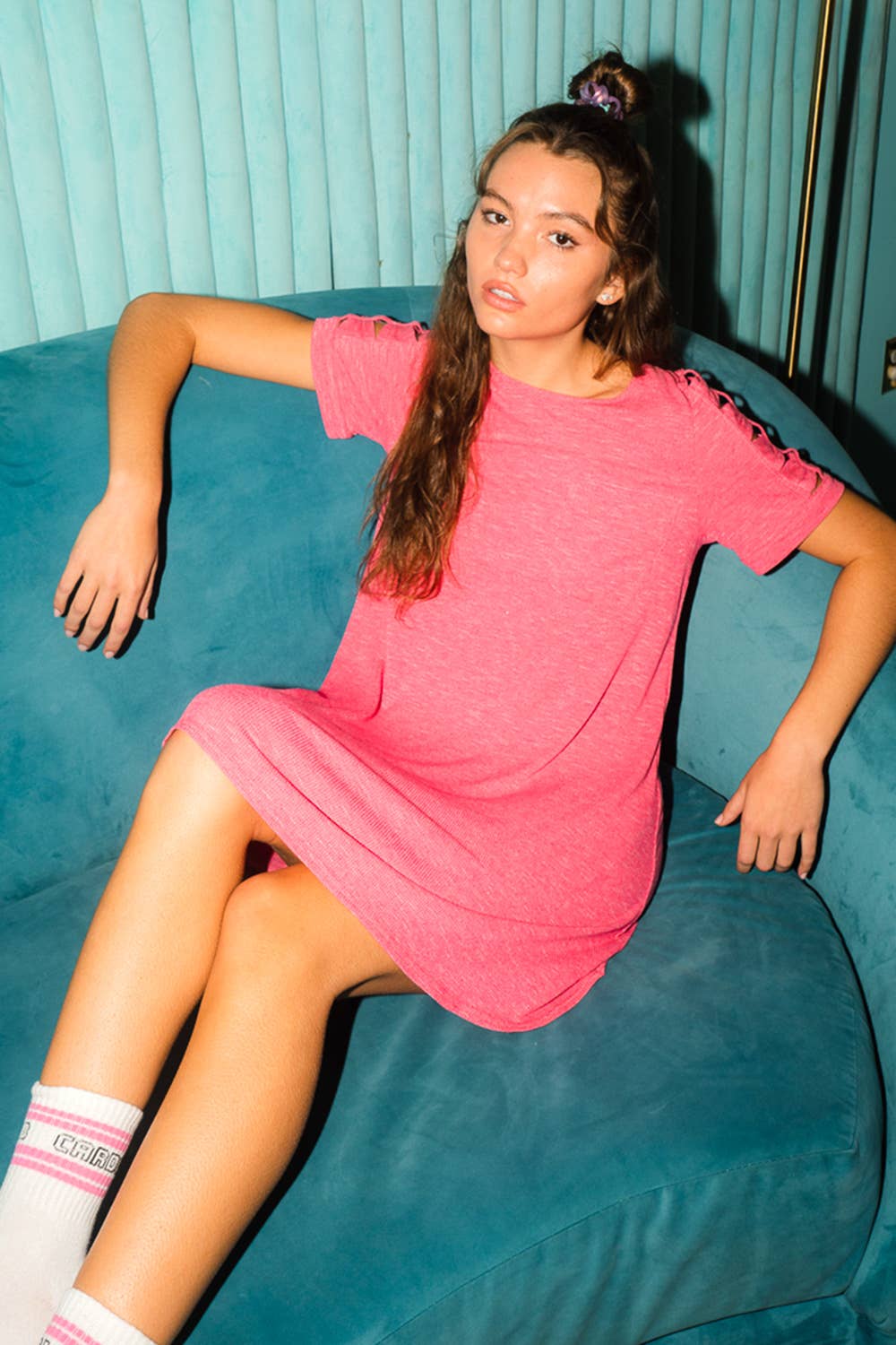 VERY J - Wholesale Dress - Women's - ND30836-Ruched Cutout Sleeve Tee Dress5