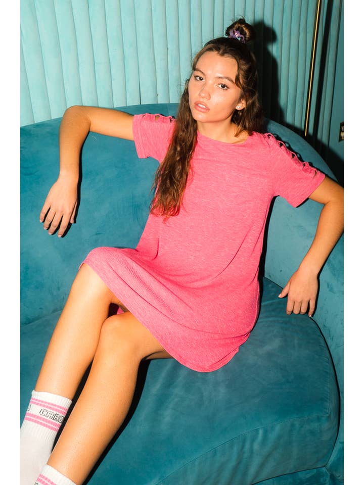 VERY J - Wholesale Dress - Women's - ND30836-Ruched Cutout Sleeve Tee Dress5