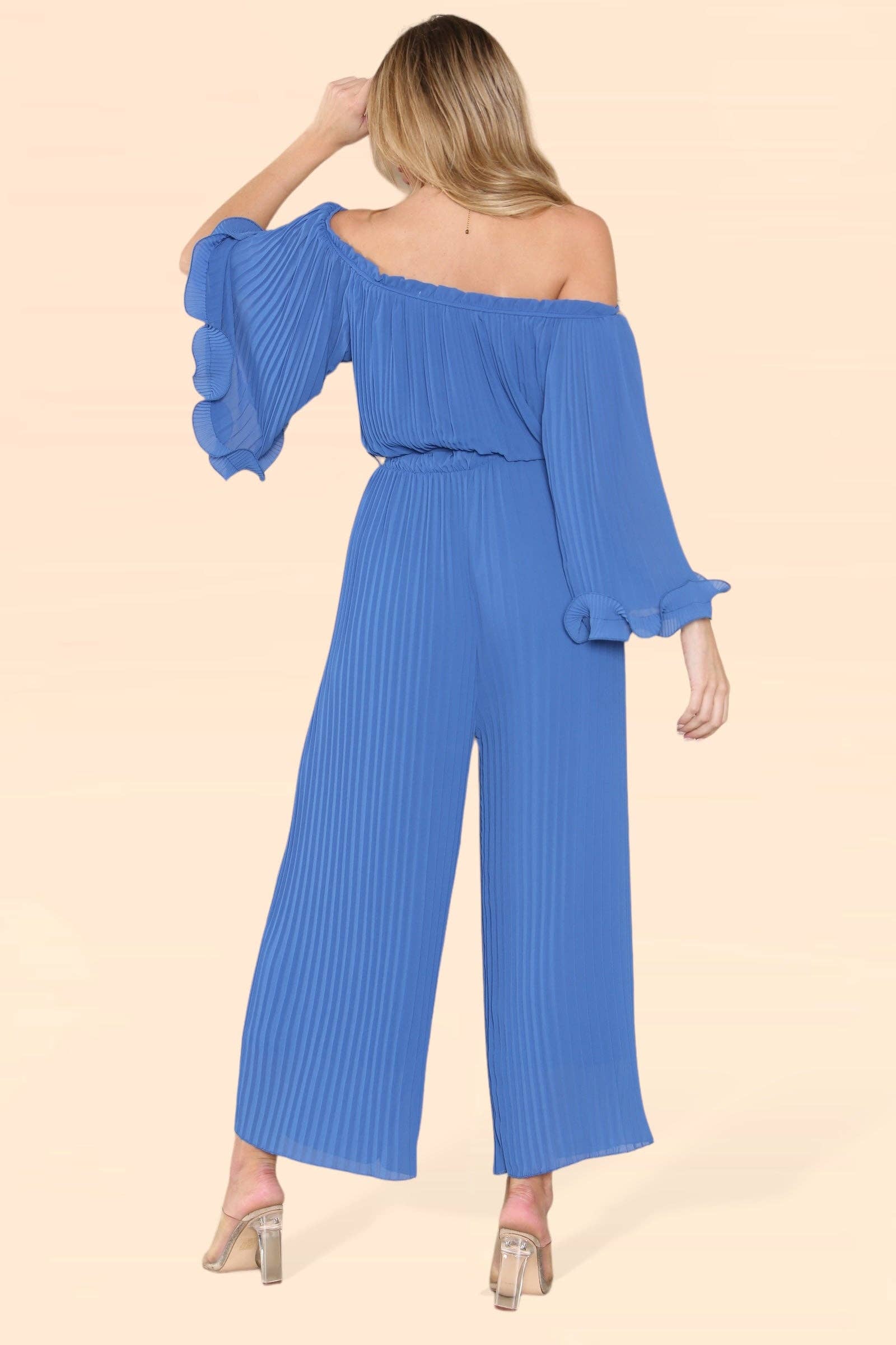 WHITE Sofia Bardot Pleated Frill Jumpsuit for wholesale on Faire10