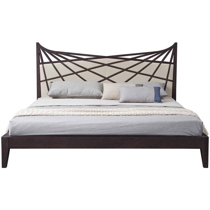 Queen Bed, 47" Brown Veneer & Beige Bonded Leather for wholesale by Greenwestons