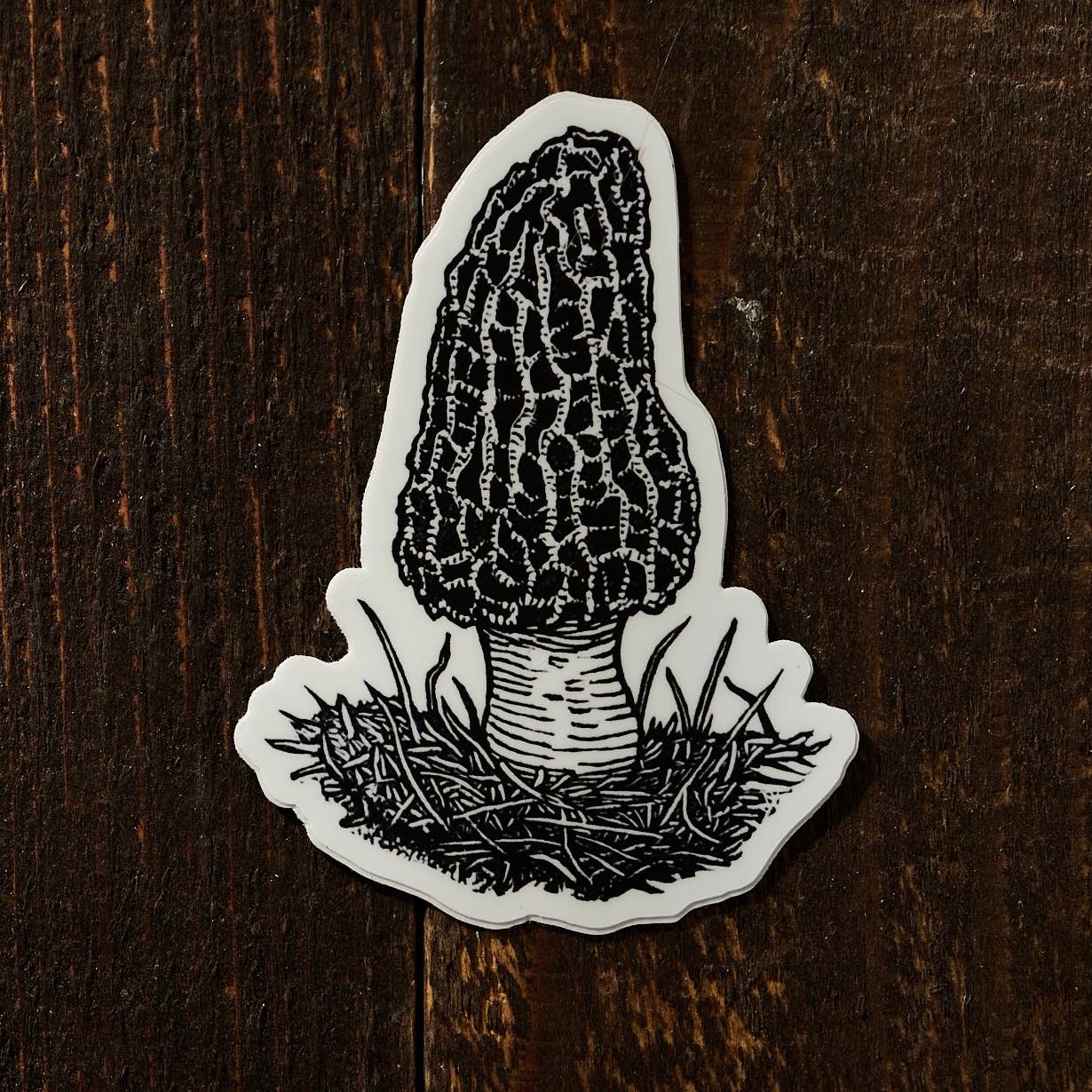 Morel mushroom linocut sticker for wholesale by Anomal Press