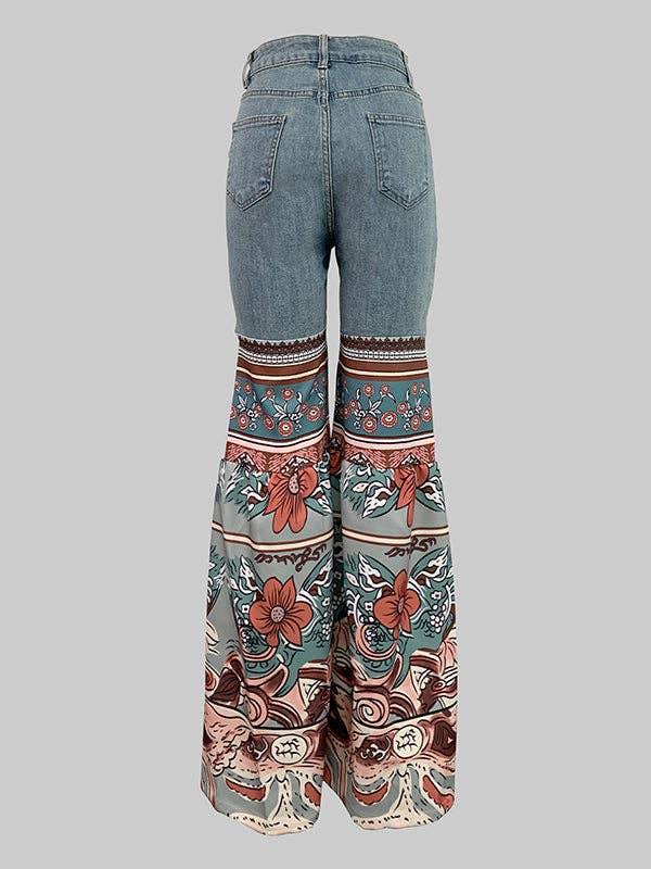 BLUE Flared Pants Floral Printed High-Waisted Pockets Jean Pants Bottoms for wholesale on Faire8
