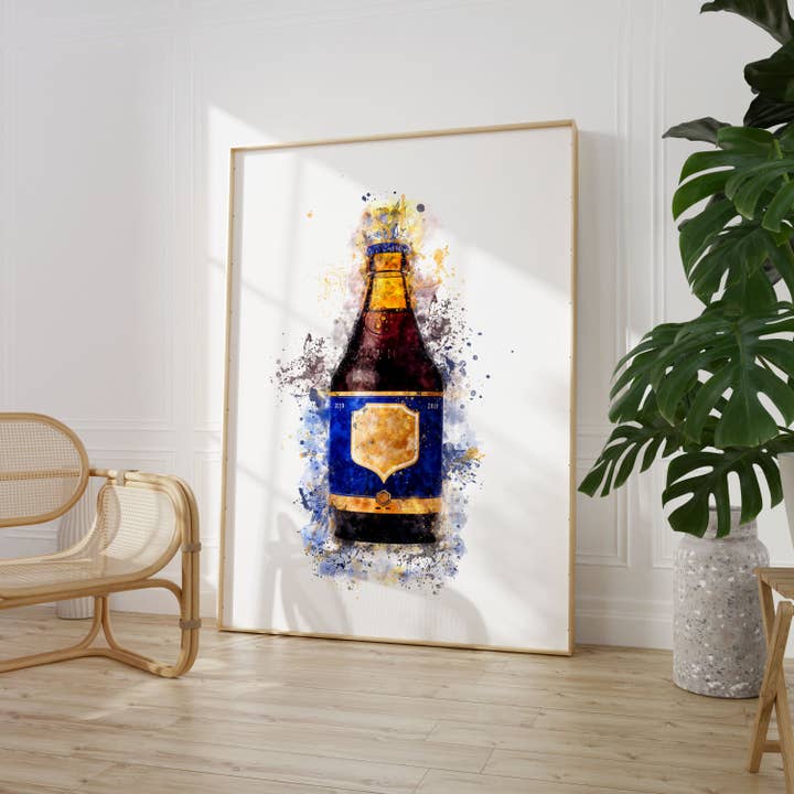 House of Binky – wholesale Art print – Watercolour Blue Beer Bottle Paint Splash Print