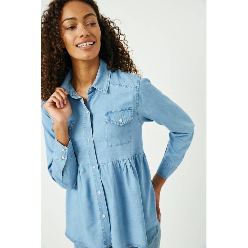 LIGHT DENIM Womens Button-Down Peplum Shirt for wholesale on Faire1