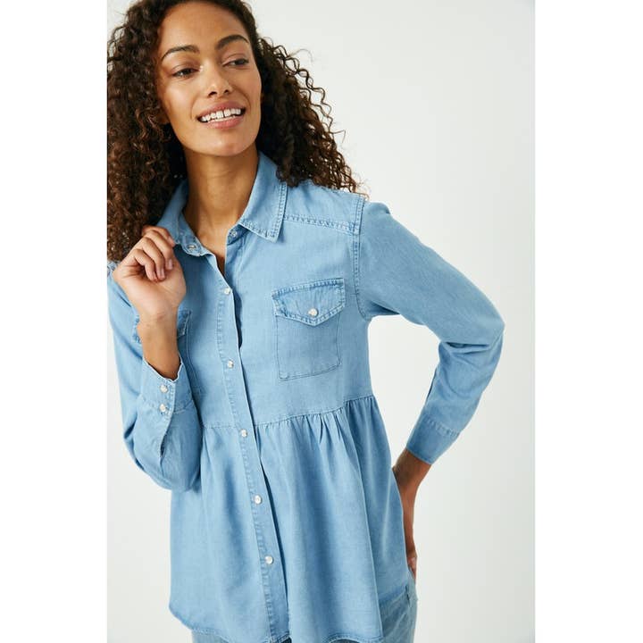 LIGHT DENIM Womens Button-Down Peplum Shirt for wholesale on Faire1