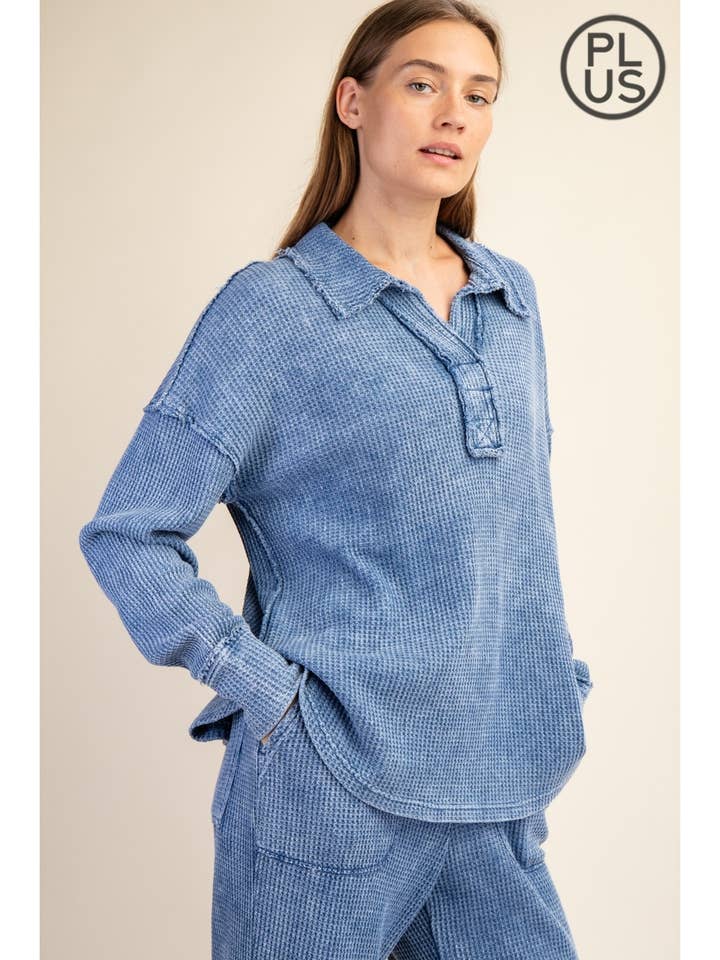 PLUS SIZE MINERAL WASHED WAFFLE POLO SWEATSHIRT for wholesale by Rae Mode