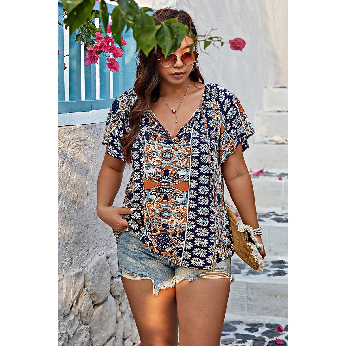 Navy Plus Size Allover Printed Tie Front Short Sleeve Blouse for wholesale on Faire2