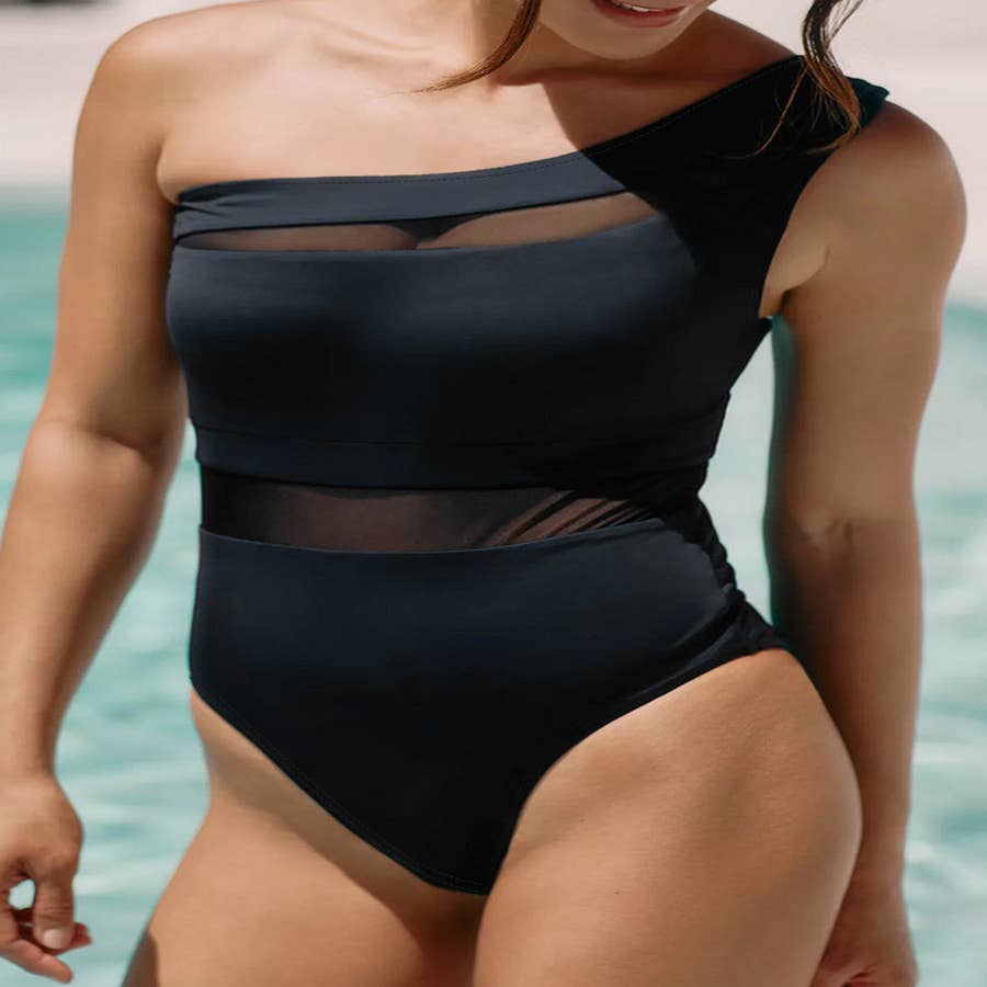 Wholesale One Piece Swimsuit High Neck Plunge Mesh Ruched Monokini
