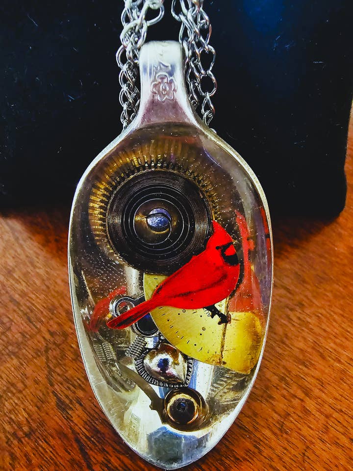Silver Spoon Cardinal Memory Necklace with Watch Parts for wholesale by EloiseART