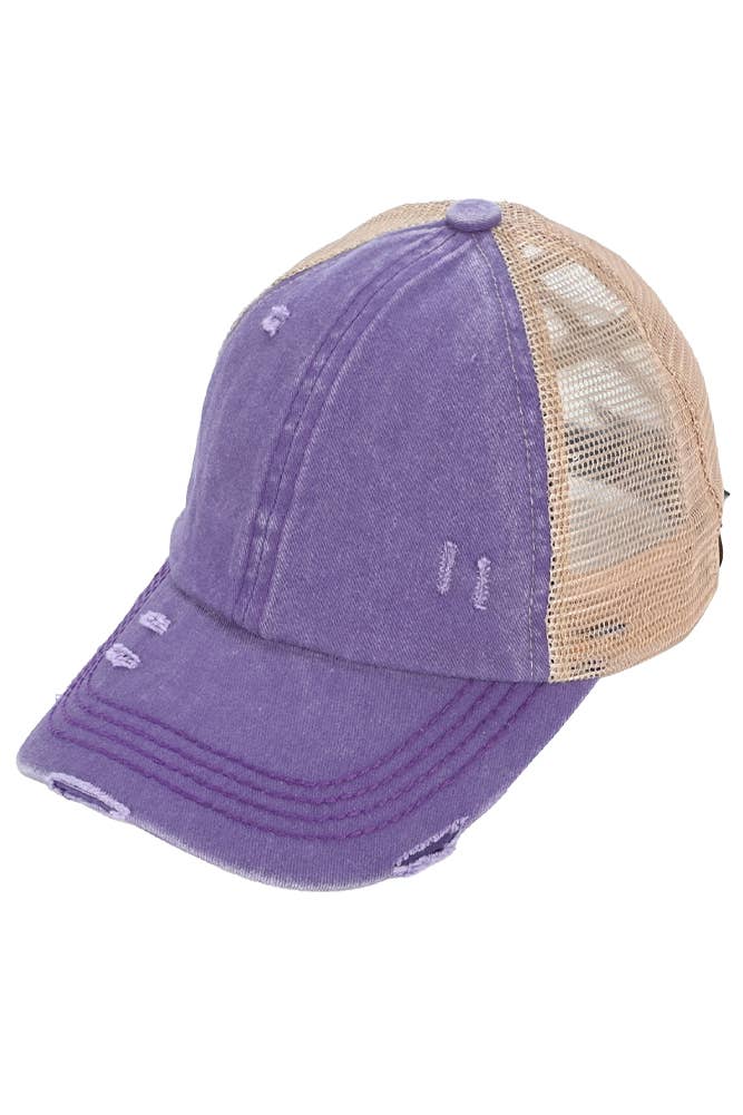 Hana - Wholesale Ponytail Cap - Women's - C.C Washed Denim with Crossed Elastic Band Mesh Pony Cap30