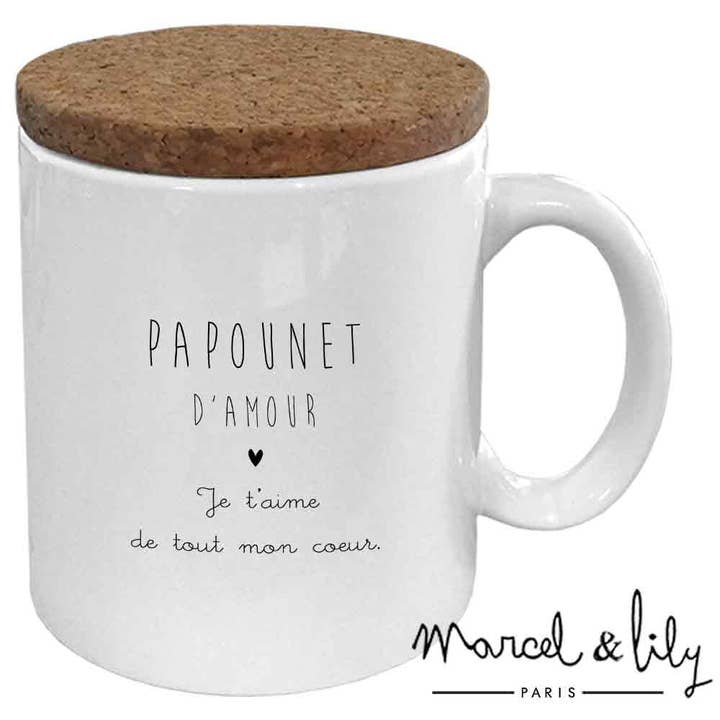 Mug "Papounet" avec son couvercle en liège pour la vente par Marcel & Lily