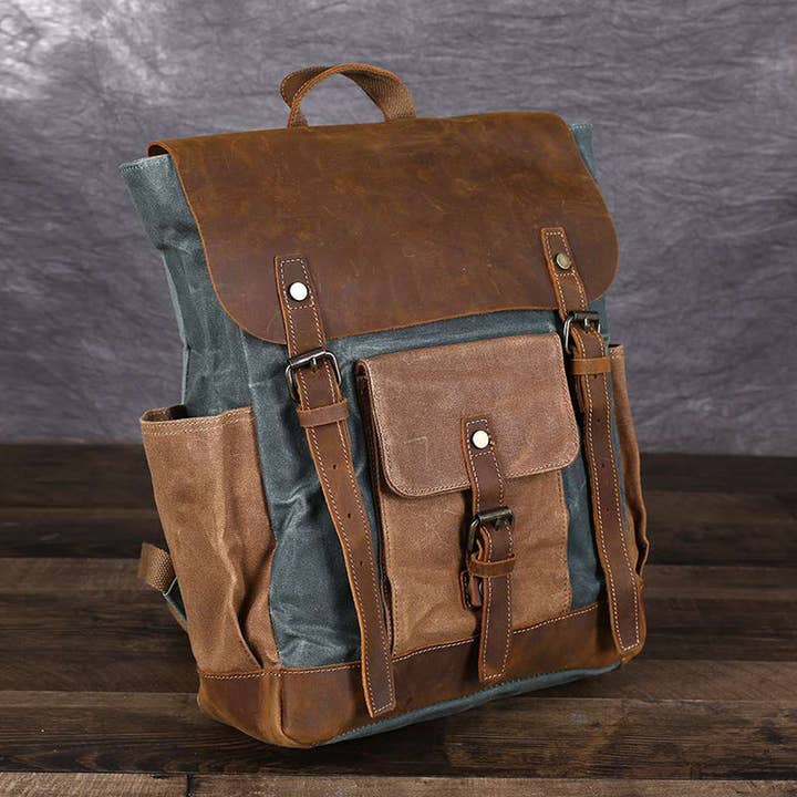 Waxed Canvas Travel Backpack Laptop Backpack Hiking Rucksack Retro School Backpack for wholesale by RockCow Leather Studio