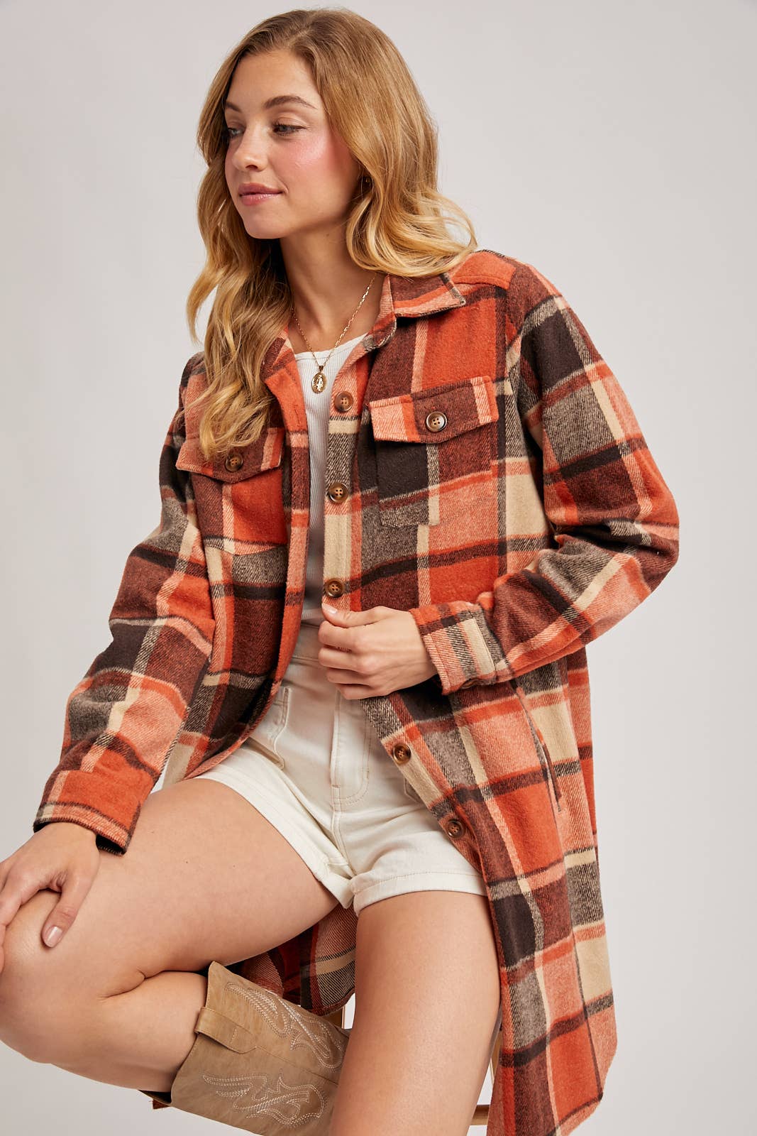 Bluivy – Engroshandel Skjortejakke/shacket – til kvinder – FLANNEL PLAID LANGLINE SHACKET44