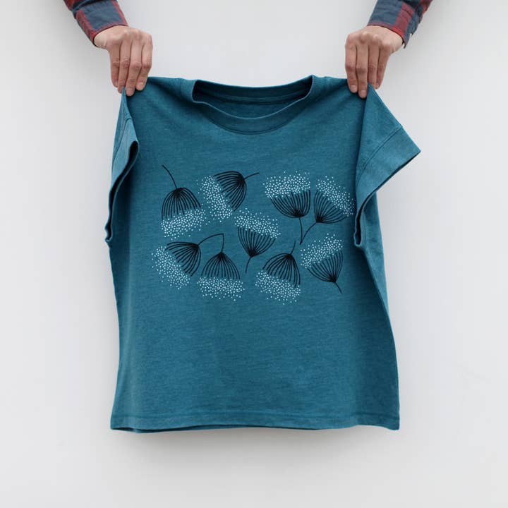 Blackbird Supply Co. - Wholesale Screen Printed T-Shirt - Women's - Eucalyptus Flowers Loose Fit Boxy Cap Sleeve Tee Deep Teal 3