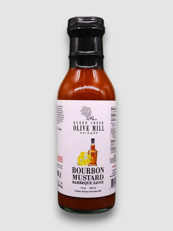 Sauce BBQ à la moutarde Bourbon QCOM - 12 oz - 12/caisse pour la vente par Queen Creek Olive Mill