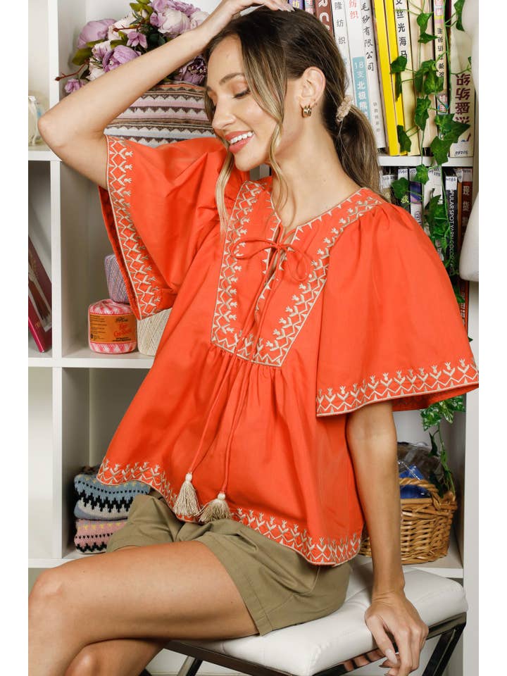 Vine & Love - Wholesale Blouse - Women's - Tie Neck Bohemian-Inspired Embroidered Blouse Top VT82486