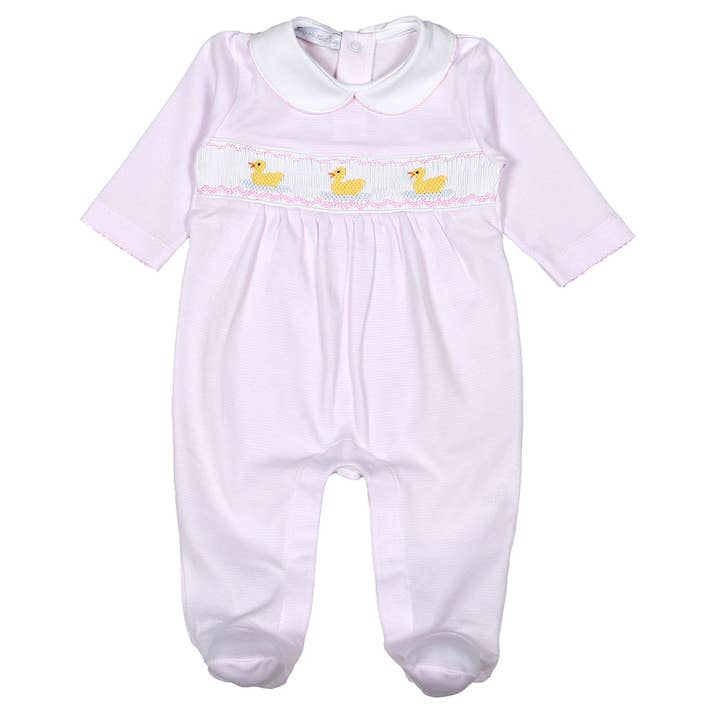 DUG-914 PINK DUCKIES HAND SMOCKED PIMA FOOTIE for wholesale by Hug Me First