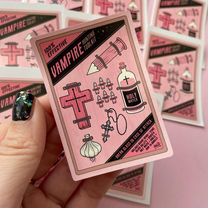 Vampire Hunting Kit Spooky Pink Vinyl Sticker for wholesale by Wendy Stephens Art