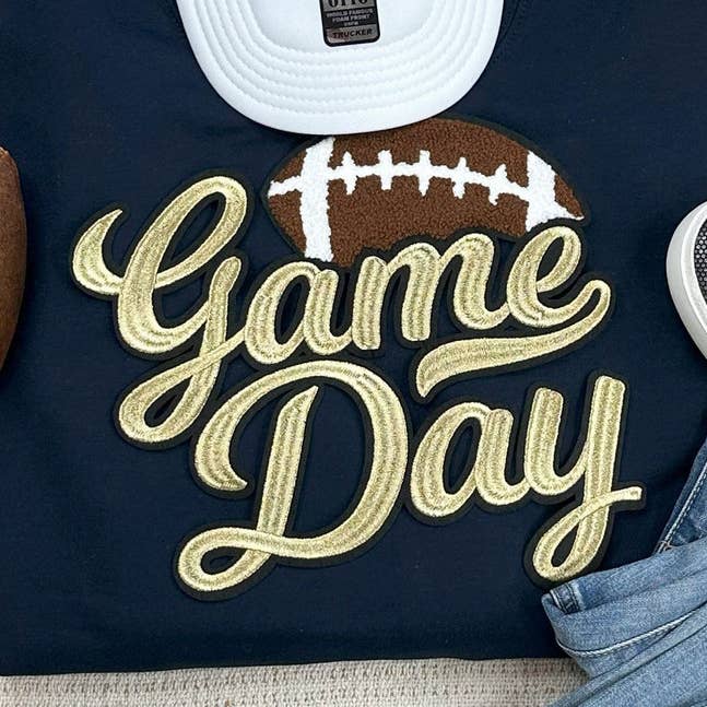 Gold Metallic Game Day Football Embroidered Patch for wholesale by Trendy Transfers