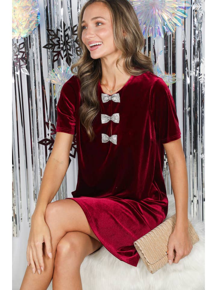 Vine & Love - Wholesale Dress - Women's - Sparkling Sequin Bow Embellished Velvet Dress VD827372