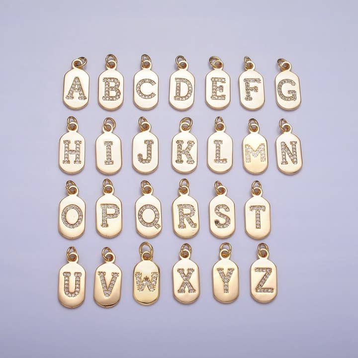 Gold Rectangular tag CZ Clear Micro Paved Personalized Initial Alphabet Name Tag Charm | A-070-A-082 for wholesale by Aim Eternal