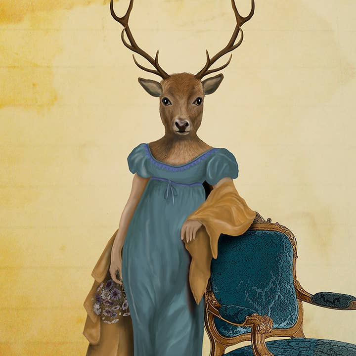 Cervo in abito blu, stampa artistica giclée stile cervo reggenza per la vendita all'ingrosso da parte di FabFunky Ltd