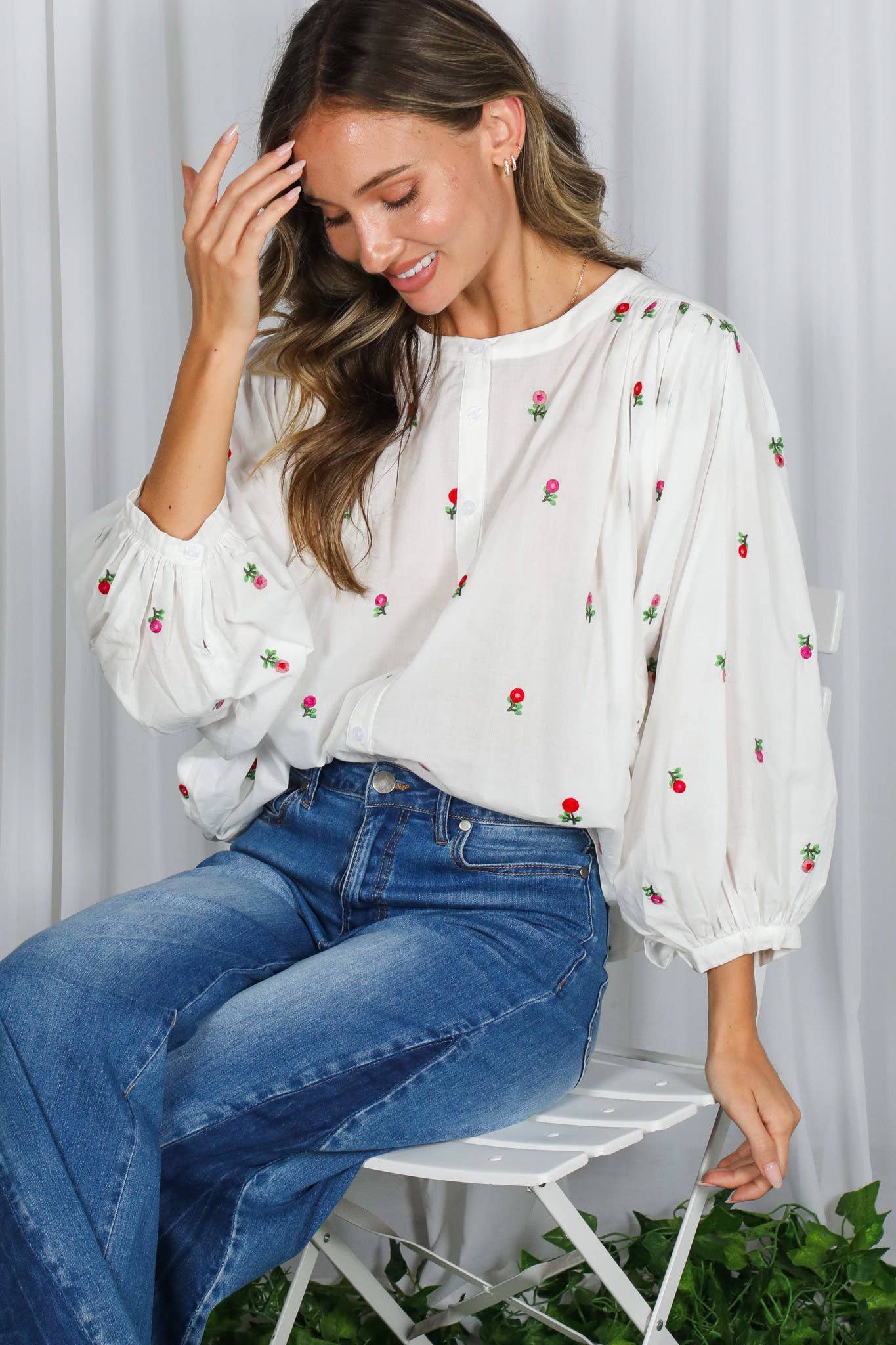 Off White English Ross Embroidered Draped 3/4 Sleeve Blouse VT82897 for wholesale on Faire13