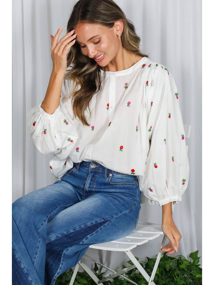 Off White English Ross Embroidered Draped 3/4 Sleeve Blouse VT82897 for wholesale on Faire13