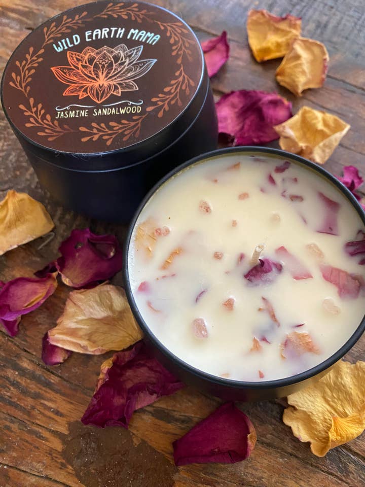 Jasmine Sandalwood 8oz aromatherapy candle for wholesale by Wild Earth Mama