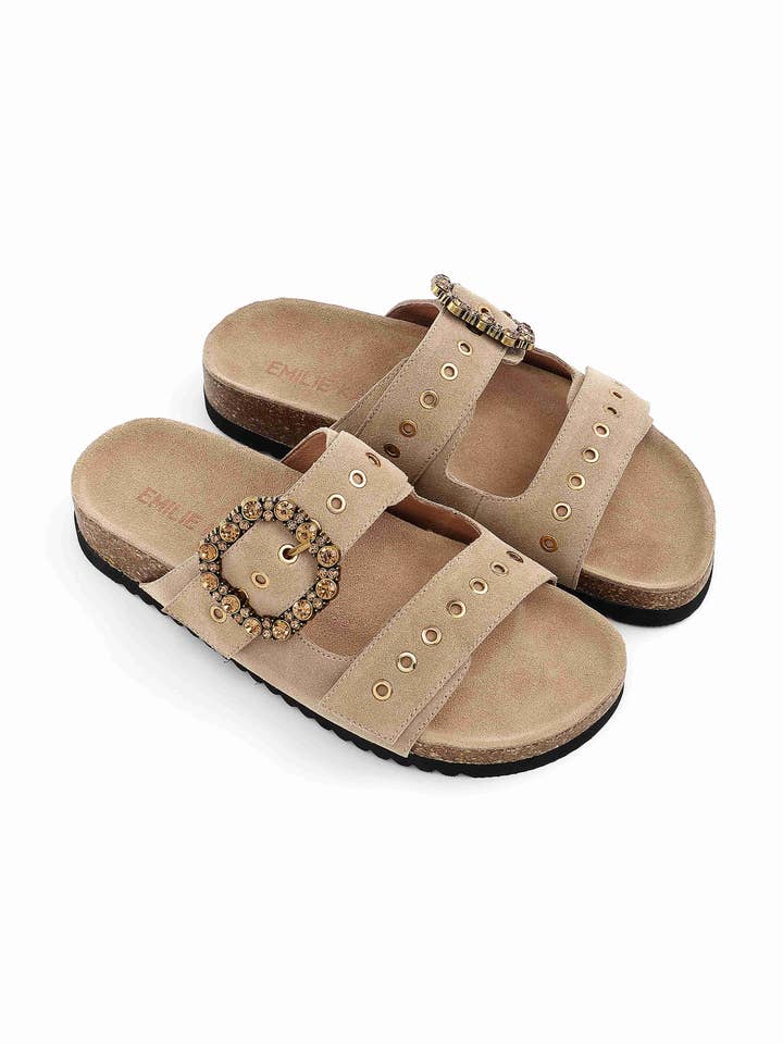 LUNA flat sandal in leather with double strap and embellished buckle for wholesale by Emilie Karston