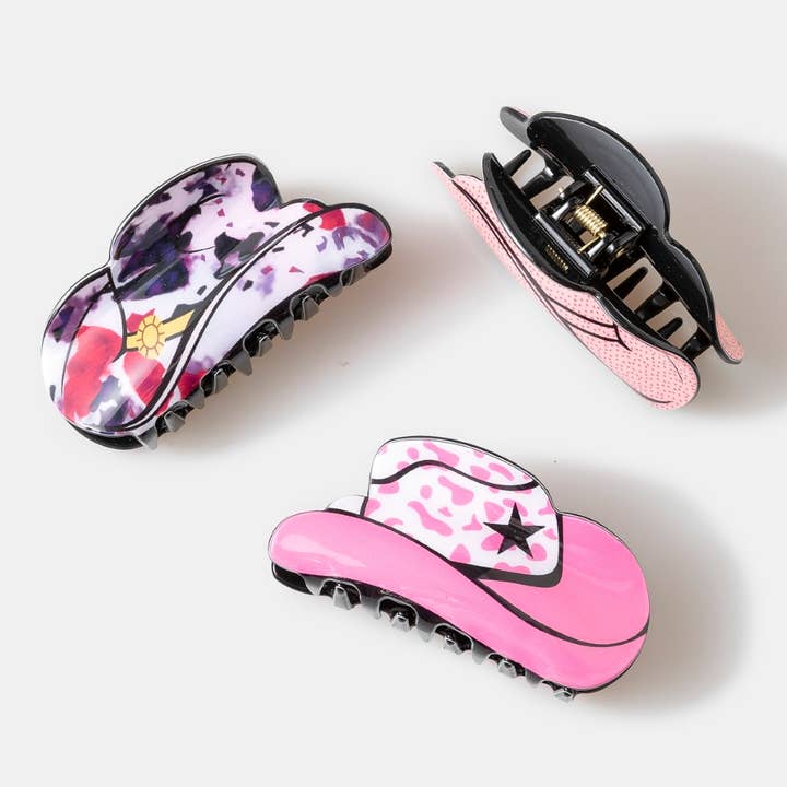 3pc Assorted Cowboy Hat Hair Claw Set for wholesale on Faire