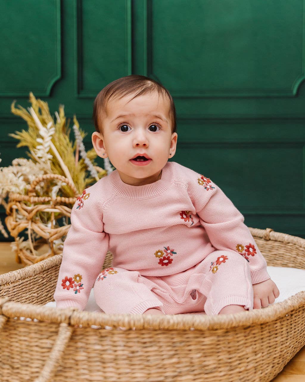 Blush Floral Bouquet Pink Organic Knit Baby Jumpsuit (Organic) for wholesale on Faire7