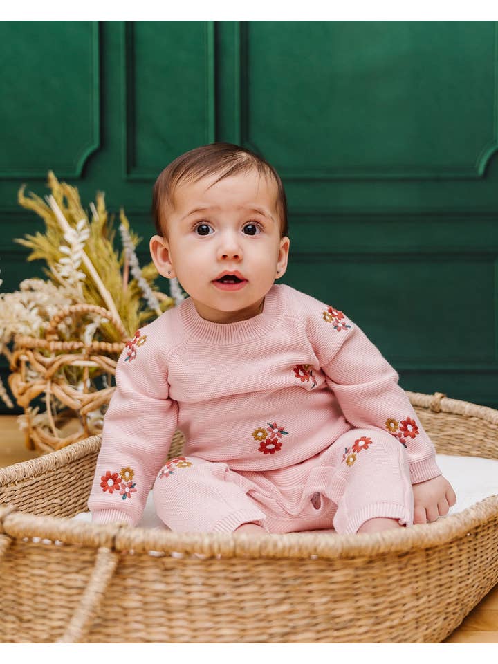 Blush Floral Bouquet Pink Organic Knit Baby Jumpsuit (Organic) for wholesale on Faire7