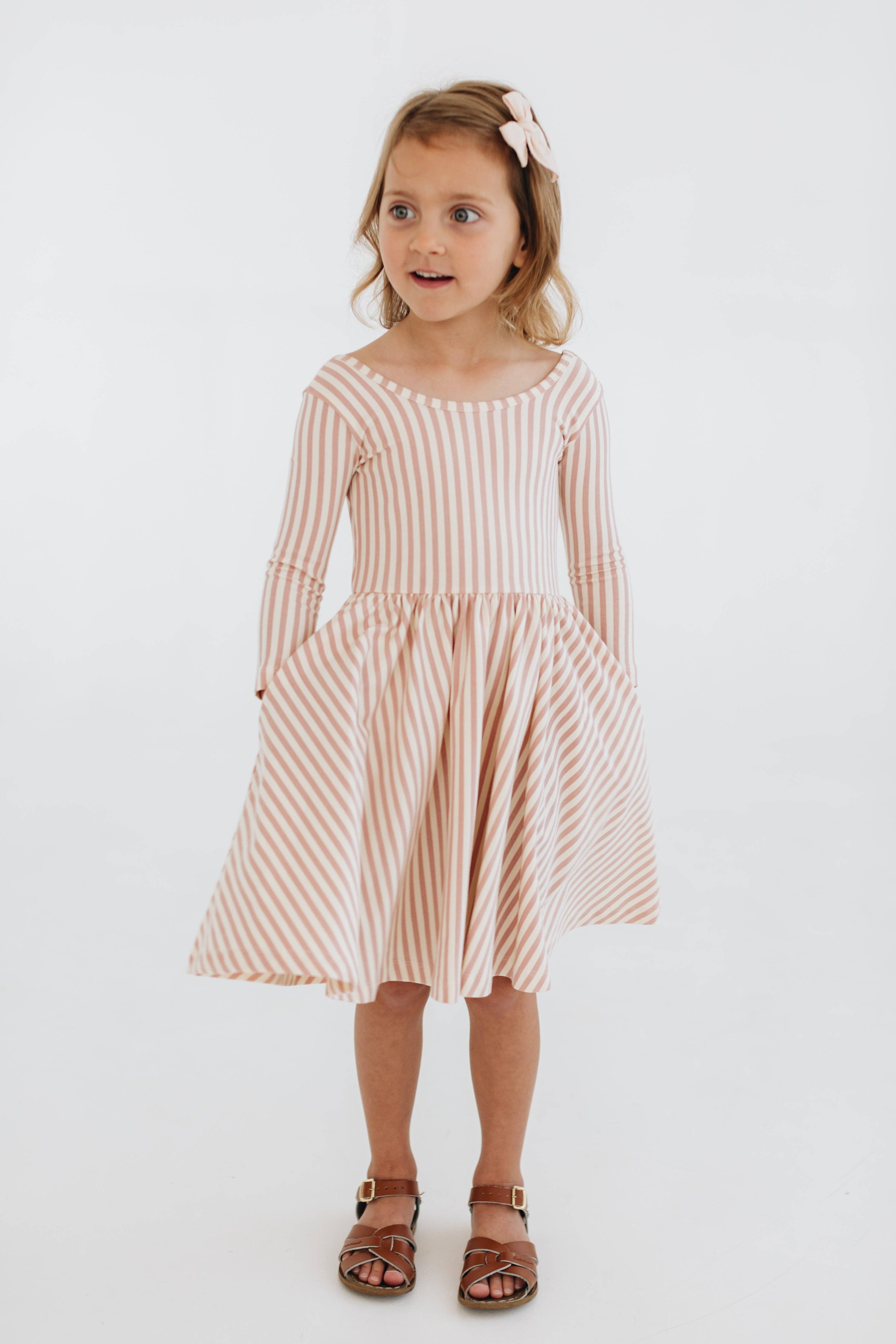 Good Apples Kids - Wholesale Dress - Kids - 3/4 Sleeve Twirl Dress in Vintage Pink Stripes8