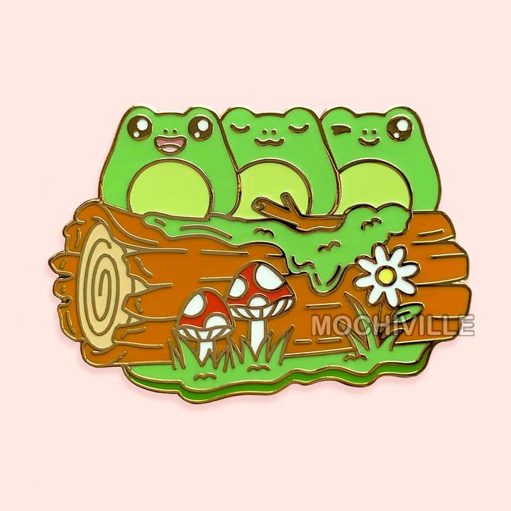 Froggie Friends Enamel Pin | Frogs Sitting On Tree Log for wholesale by Mochiville