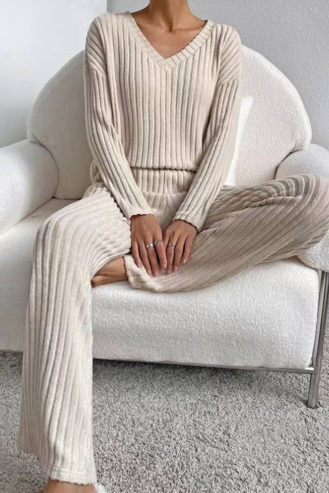 UNISHE - Wholesale Lounge Set - Women's - Plain V Neck Rib Long Sleeves Top With Pants 2pcs Set ZK5602