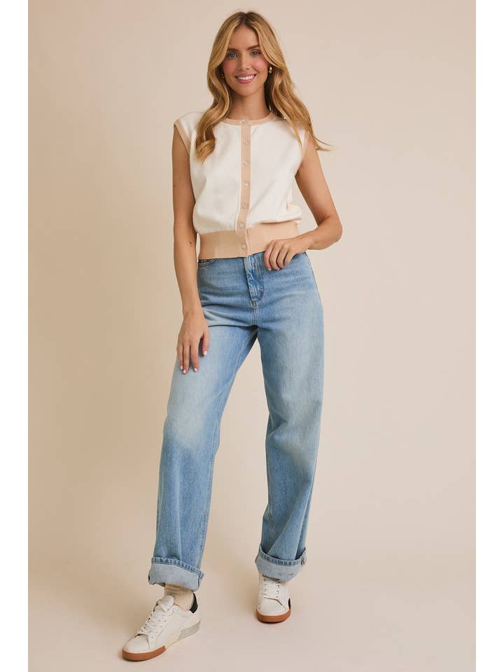 WHITE TAUPE CREW NECK BUTTON UP SLEEVLESS KNIT TOP for wholesale on Faire