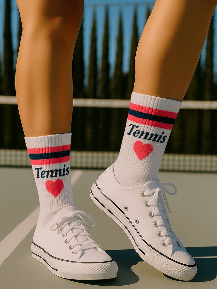 Tennis Socks - Tennis Love - Pink/White/Navy for wholesale by Runway Athletics