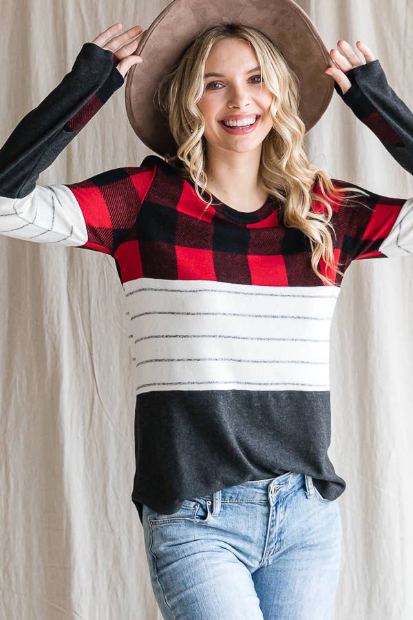 7th Ray - Wholesale Knit Top - Women's - Cozy Color Block Plaid Striped Thumbhole Pullover TopT4423-113