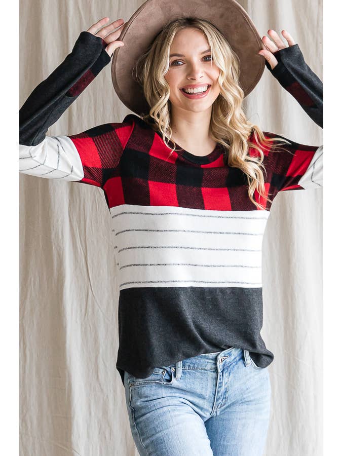 7th Ray - Wholesale Knit Top - Women's - Cozy Color Block Plaid Striped Thumbhole Pullover TopT4423-113