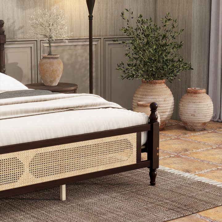 39F Inc. - Wholesale Bed - King Pine Wooden Bed with Rattan Headboard and Footboard
