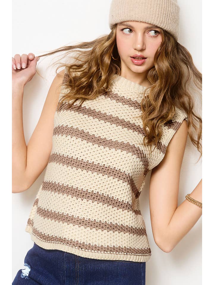 La Miel - Wholesale Knit Sweater - Women's - MCS3584-Classic Chunky Striped Sleeveless Sweater Top