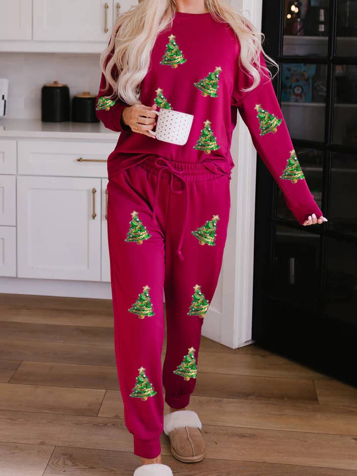 Rosa Clothing - Wholesale Lounge Set - Women's - Christmas Sequin Top Trousers Casual Lounge Set