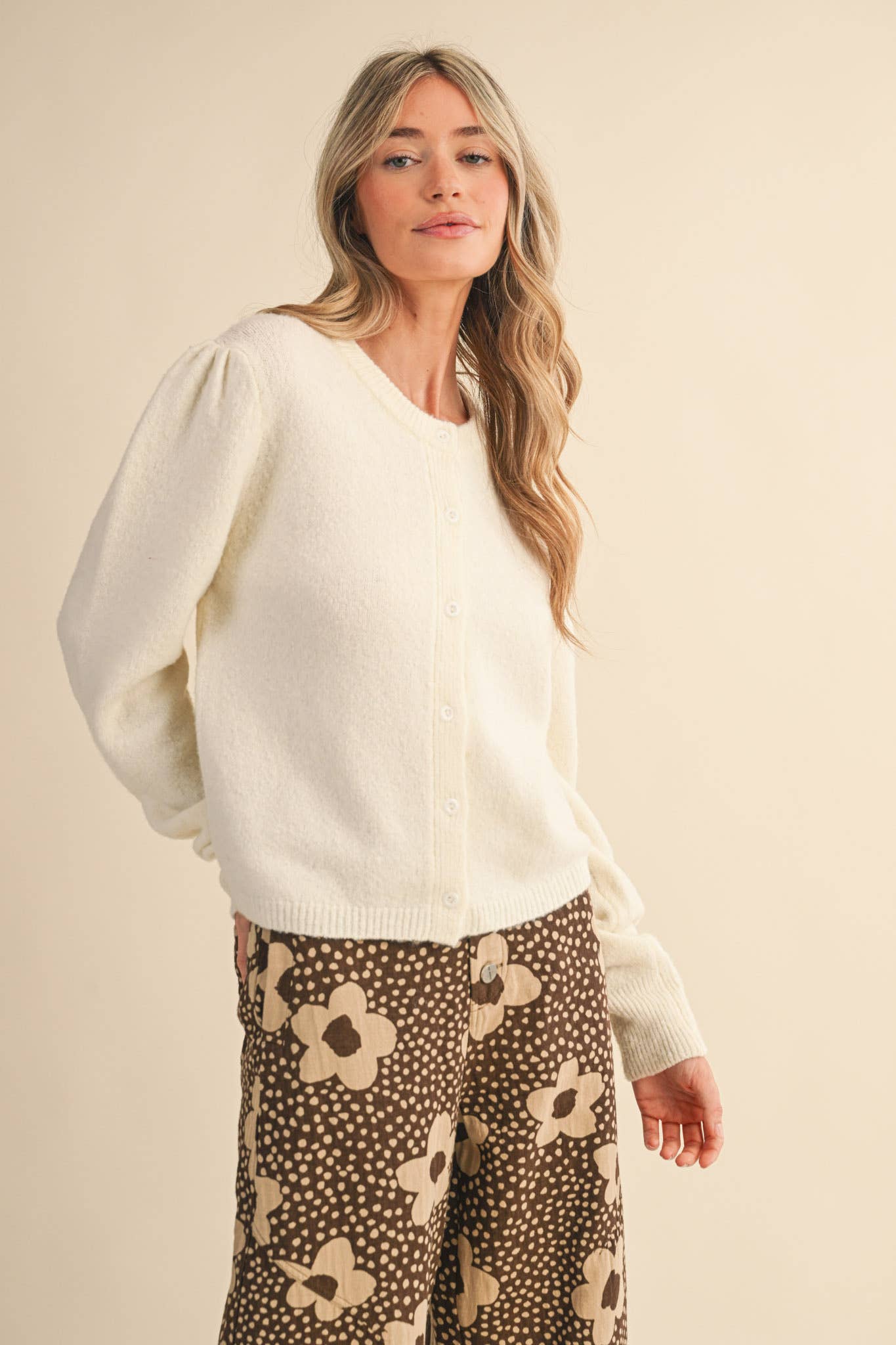 &MERCI - Wholesale Cardigan - Women's - LONG PUFF SLEEVE SWEATER CARDIGAN MSW110189