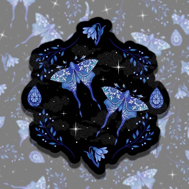 Schneeflocken-Motten-Vinylaufkleber - Winterliches Gothic-Mädchen-Design für den Großhandel von Sticky Sadness Designs